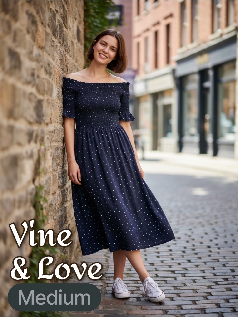 Vine & Love Navy & White Polka Dot Smocked Dress MIDI Medium